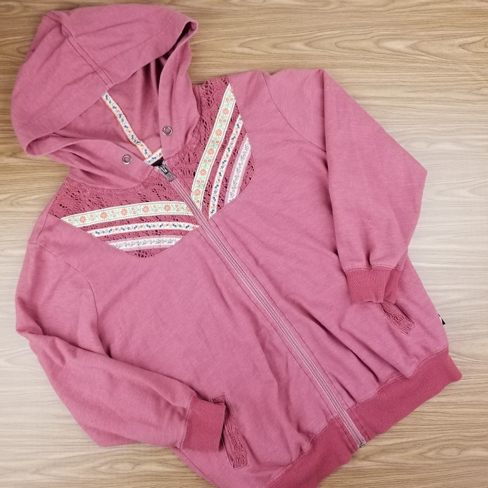 ✔Zip Up Hoodie With Floral Embellishments XL Mauve